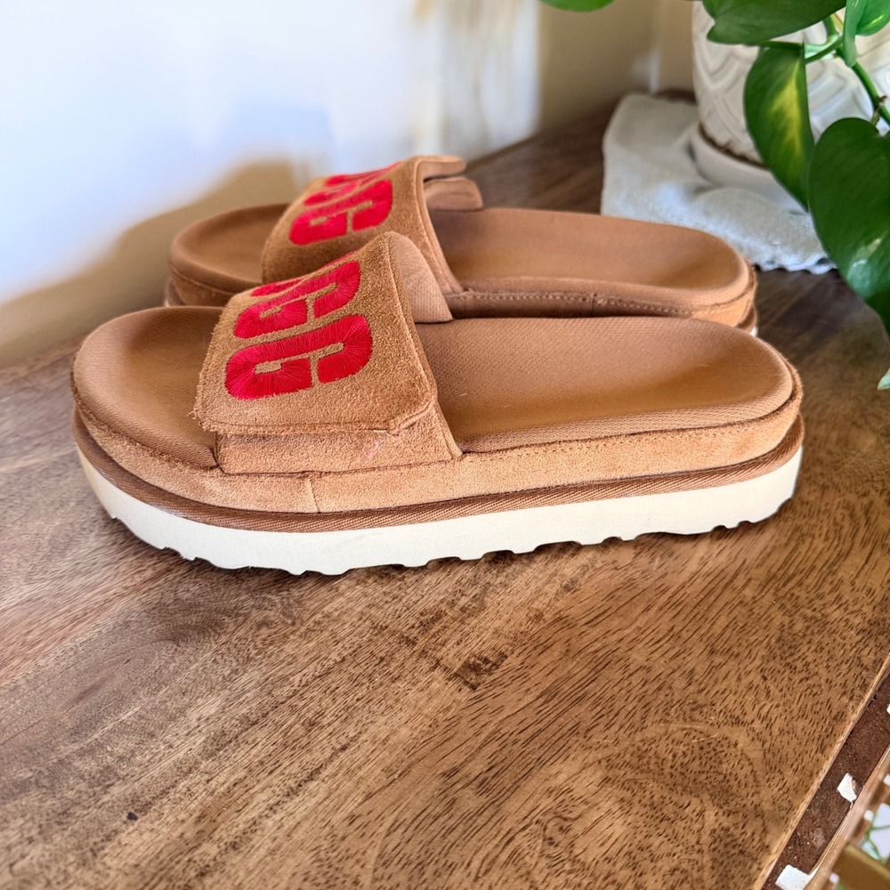 UGG Laton Slide Sandals Women 6 Chestnut Suede Puffy Logo Platform Comfort Shoes - Picture 3 of 11